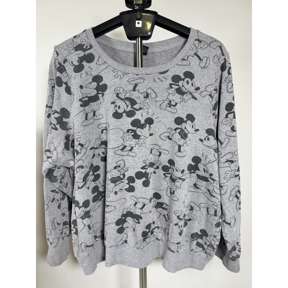 Disney Sweatshirt Womens Gray Fleece Lined Mickey Mouse All Over Print Warm